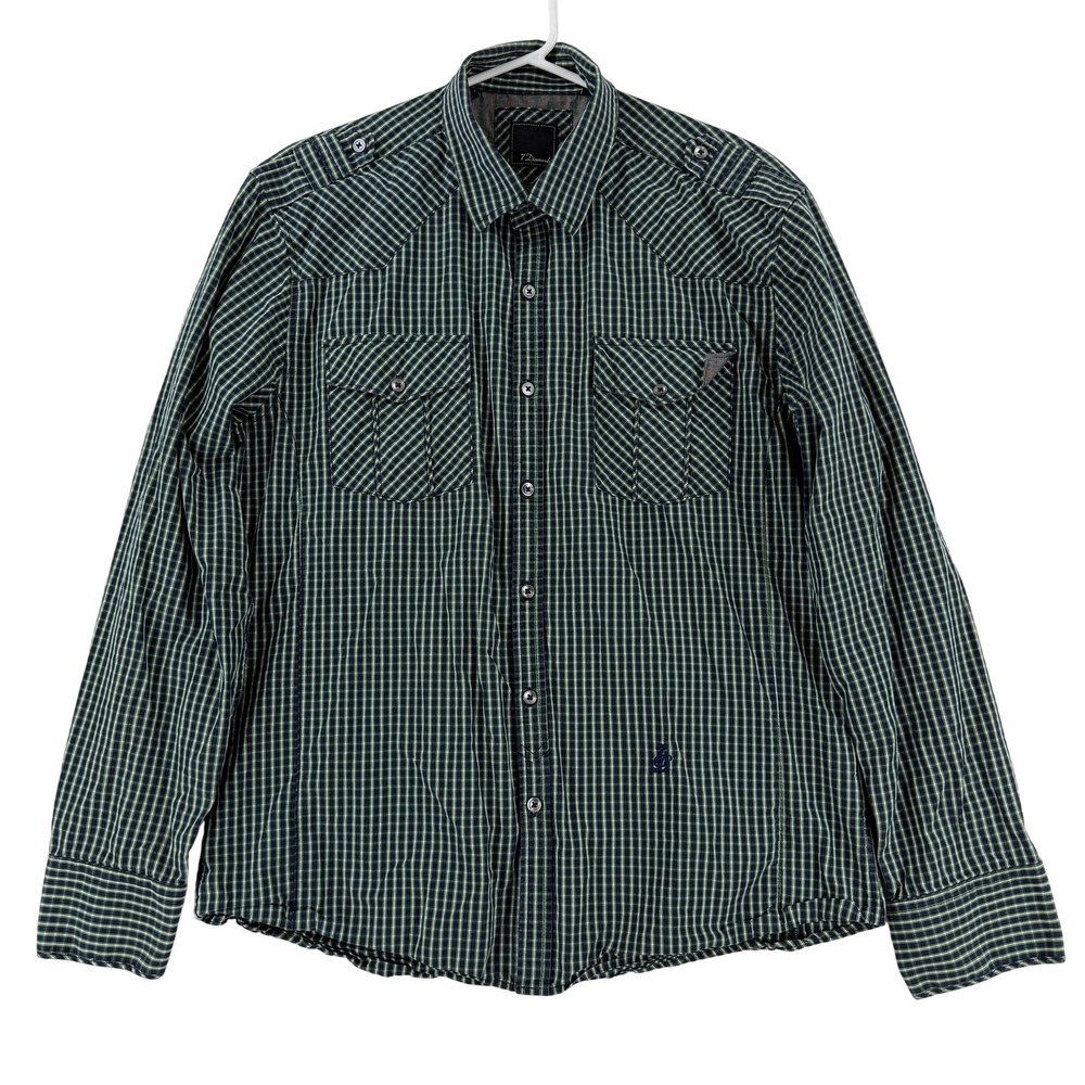 7 Diamonds Shirt Mens XL Blue Green‎ Check Long Sleeve Button Up Western Casual